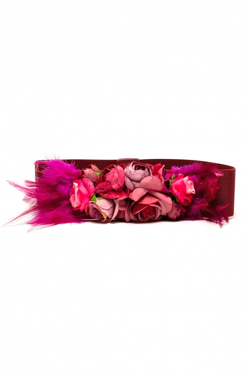 Cinturón Granate con Flores y Plumas Buganvilla